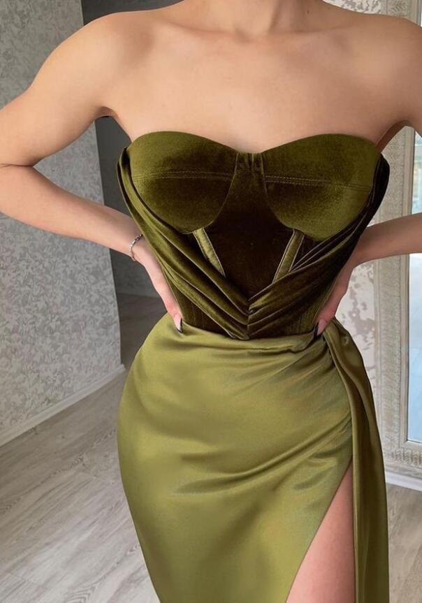 Olive Green Strapless Mermaid Evening Dress With Split