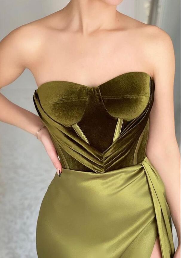 Olive Green Strapless Mermaid Evening Dress With Split