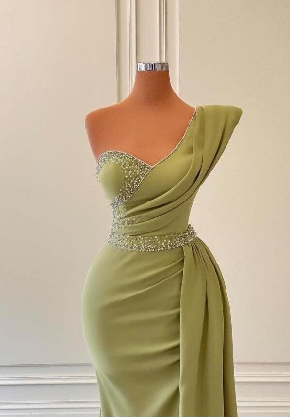 Sage One-Shoulder Split Mermaid Prom Dress With Beadings