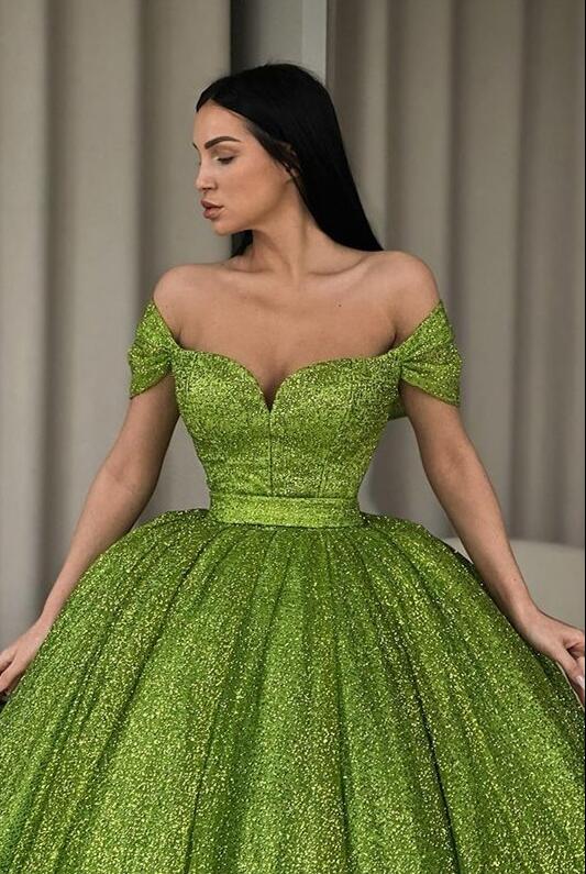 Green Off-The-Shoulder Ball Gown Evening Dress With Sequins