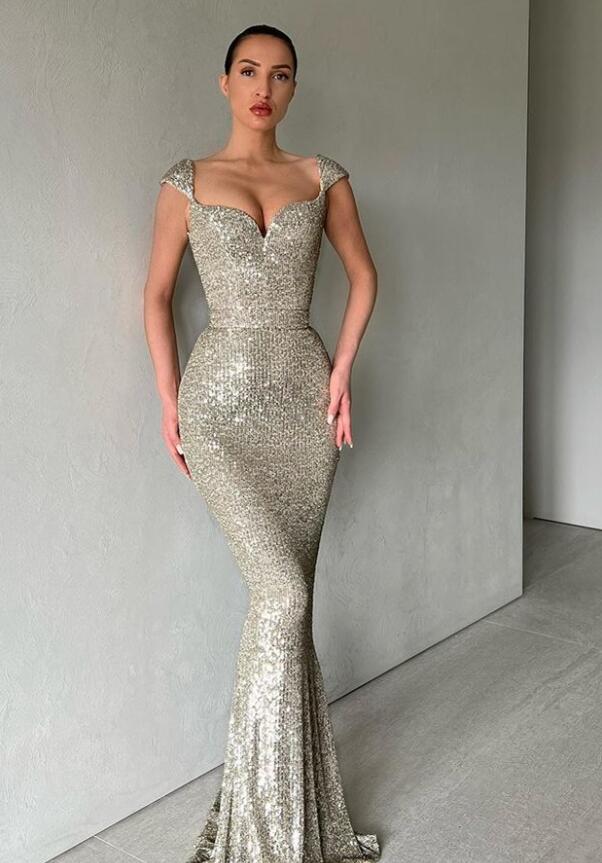 Cap Sleeves Long Sequins Prom Dress Mermaid