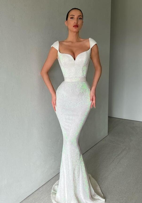 Cap Sleeves Long Sequins Prom Dress Mermaid