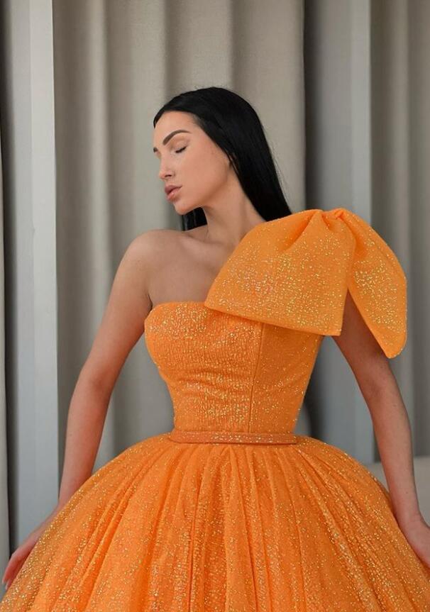 Orange One-Shoulder Ball Gown Evening Dress With Sequins