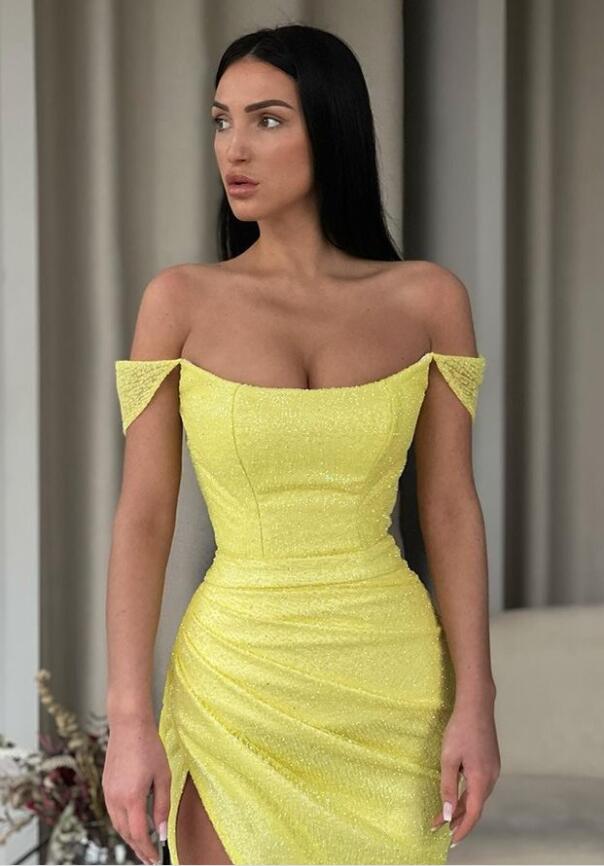 Bright Yellow Off-The-Shoulder Prom Dress Mermaid With Split