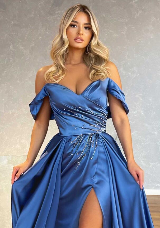 Off-the-Shoulder Blue Split Prom Dress Overskirt With Beadings