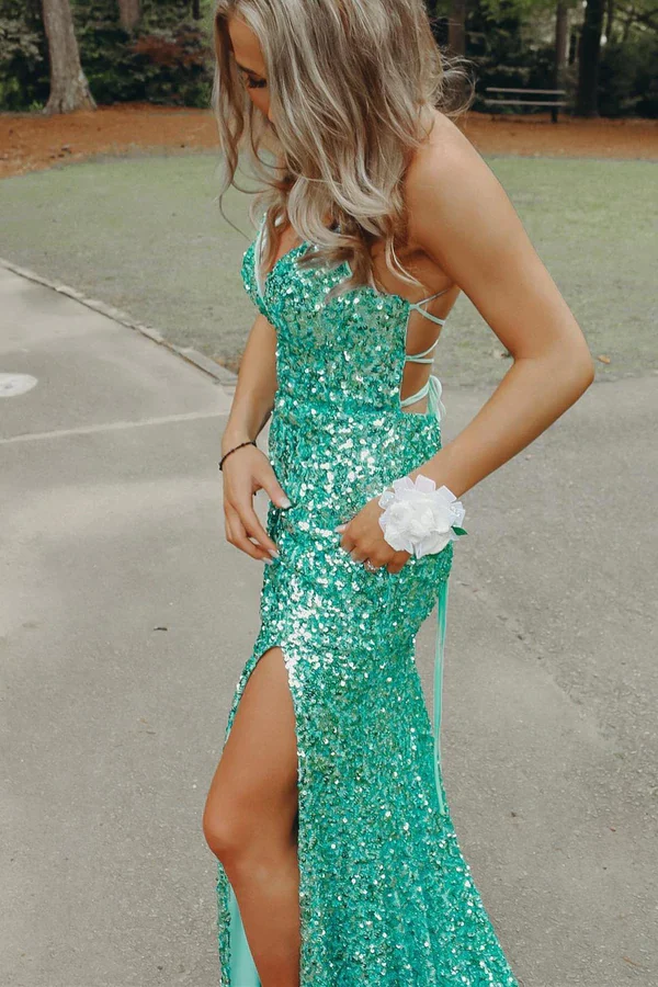 Silver Sequin Spaghetti Straps Mermaid Long Prom Dresses, Backless Evening Gown