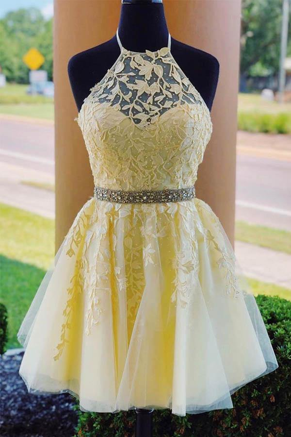 Halter Appliqued Yellow Homecoming Dress Short Prom Dress With Beading Belt