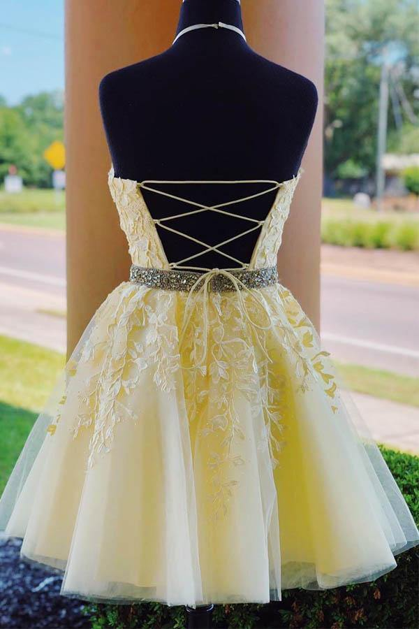 Halter Appliqued Yellow Homecoming Dress Short Prom Dress With Beading Belt