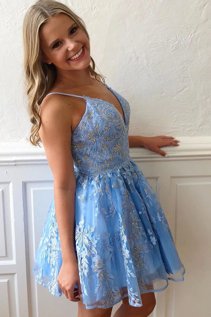 Lace-Up Sequined Sky Blue Homecoming Dress with Flowers