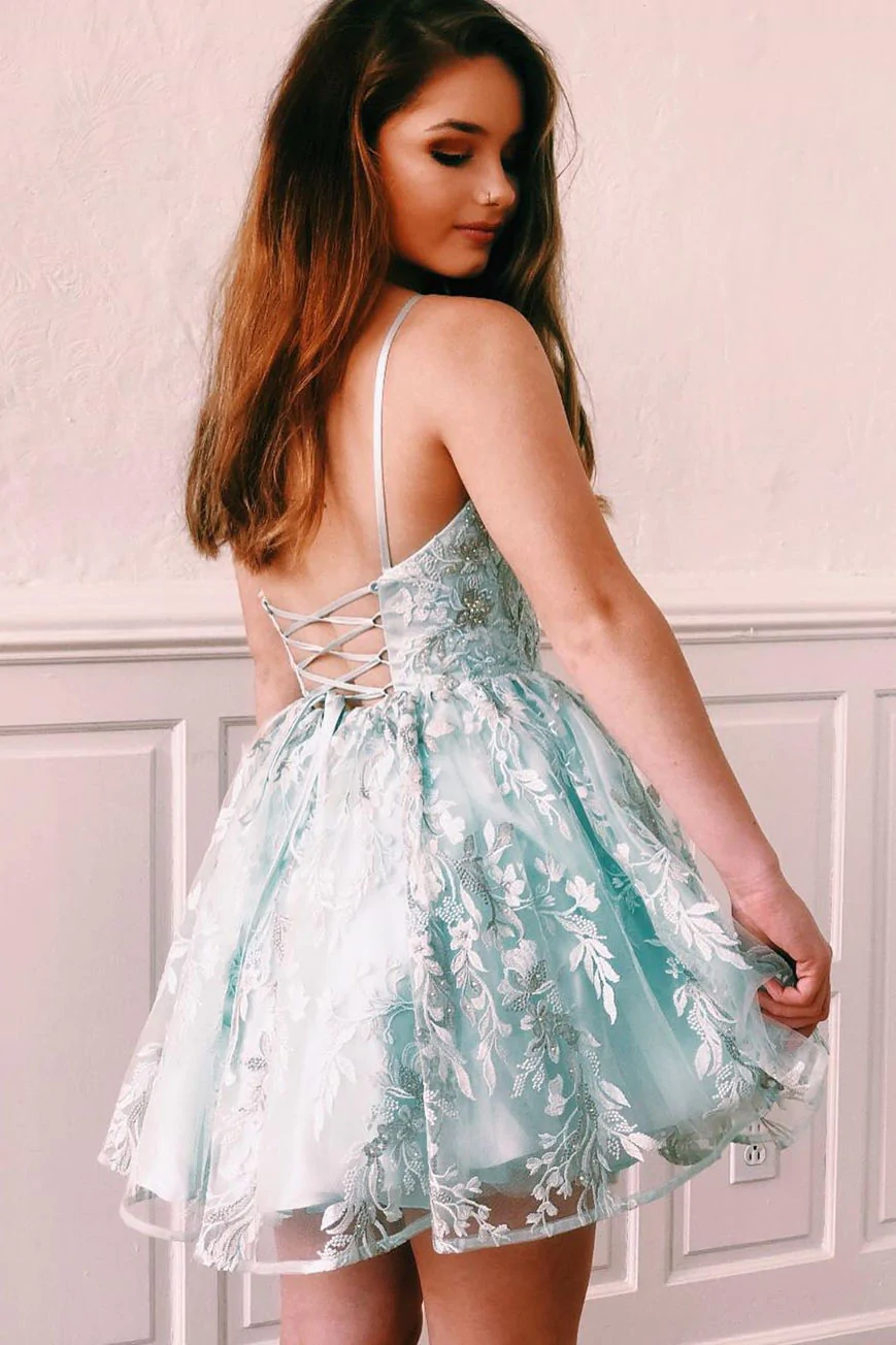 Lace-Up Sequined Sky Blue Homecoming Dress with Flowers