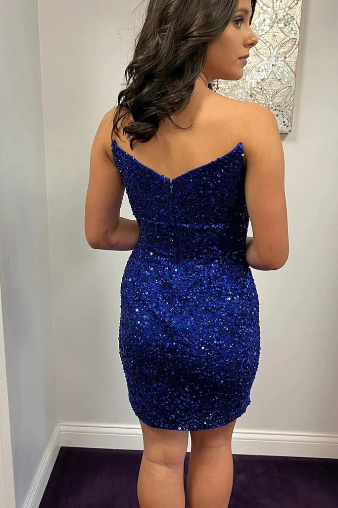 Sleeveless V Neck Royal Blue Homecoming Dresses Strapless Sequins Sheath Short Cocktail Dress