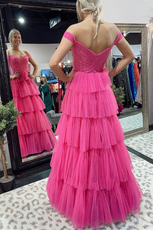 Shiny Tulle Off Shoulder Layered Hot Pink/Navy Blue Long Prom Dresses, Hot Pink/Navy Blue Tulle Formal Evening Dresses