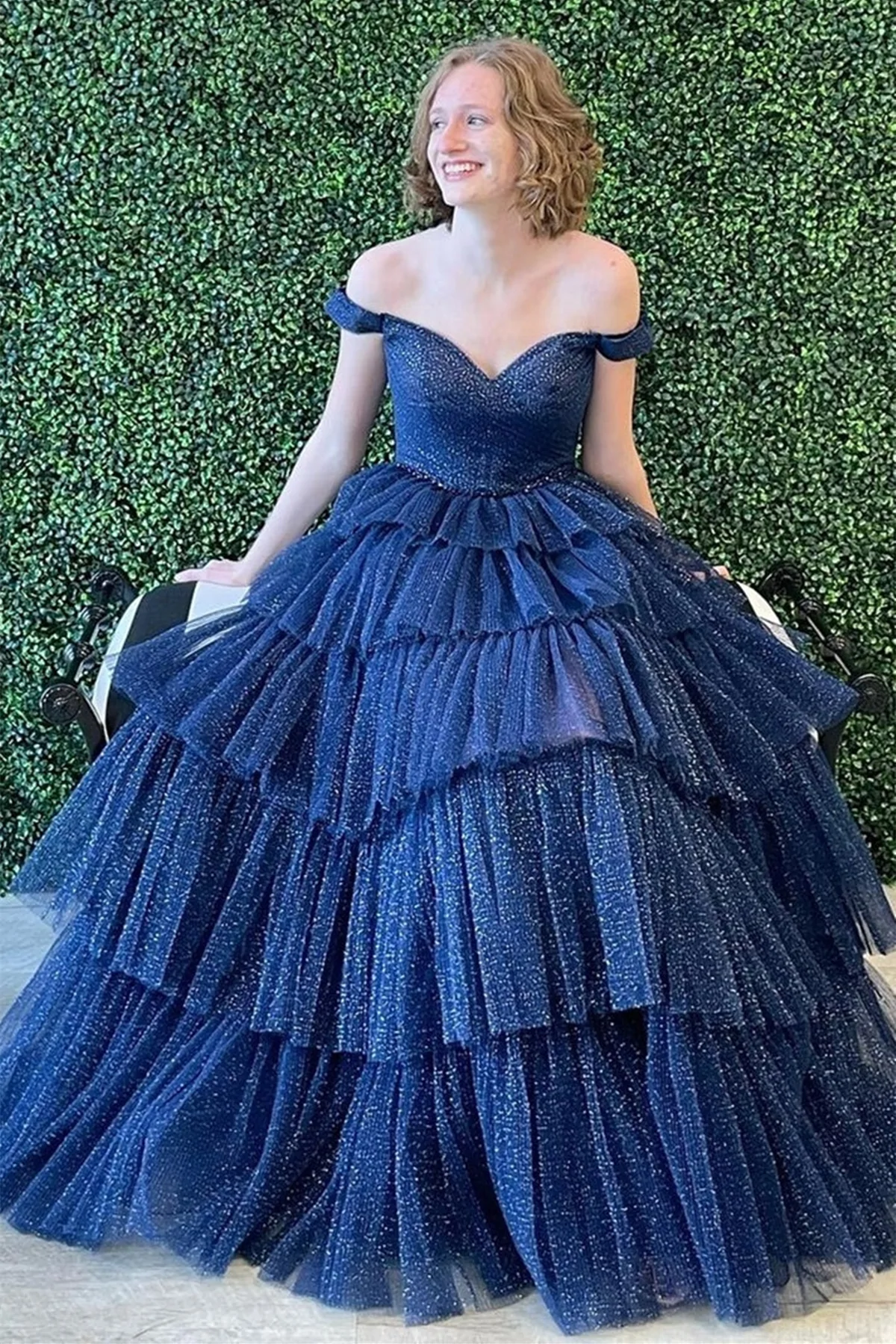 Shiny Tulle Off Shoulder Layered Hot Pink/Navy Blue Long Prom Dresses, Hot Pink/Navy Blue Tulle Formal Evening Dresses