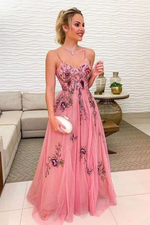 A Line Spaghetti Straps Tulle Long Floral Appliques Prom Dresses