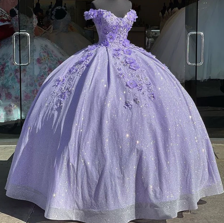 Lavender Ball Gown Off The Shoulder Prom Dress With 3D Flowers