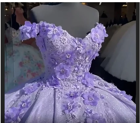 Lavender Ball Gown Off The Shoulder Prom Dress With 3D Flowers