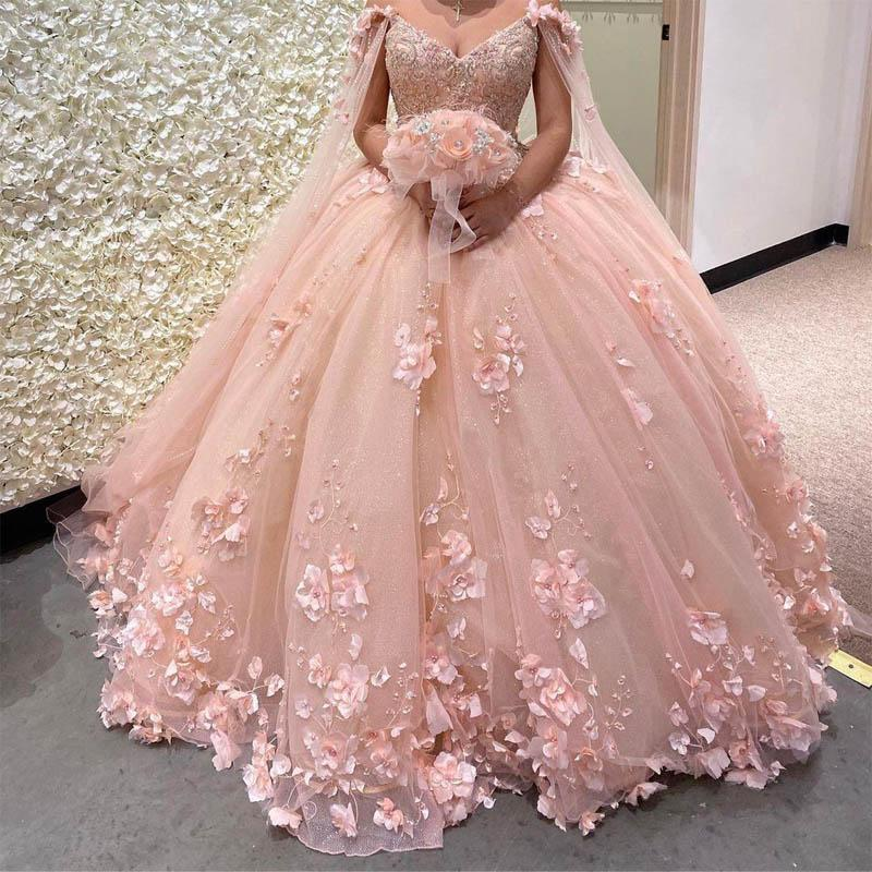 Pink Ball Gown With 3D Flowers Sweet 16 Dress Romantic Pink Embroidery Cape Ball Gown 3D Floral Beaded Long Sweet Frill Dress