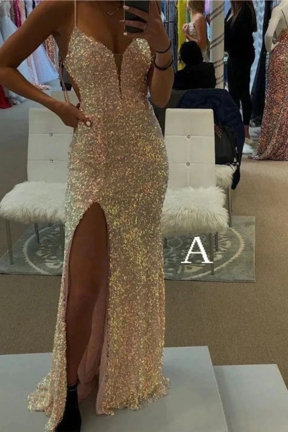 Spaghetti Straps Mermaid Prom Dress, Sparkly Sequins Slit Long Formal Gown