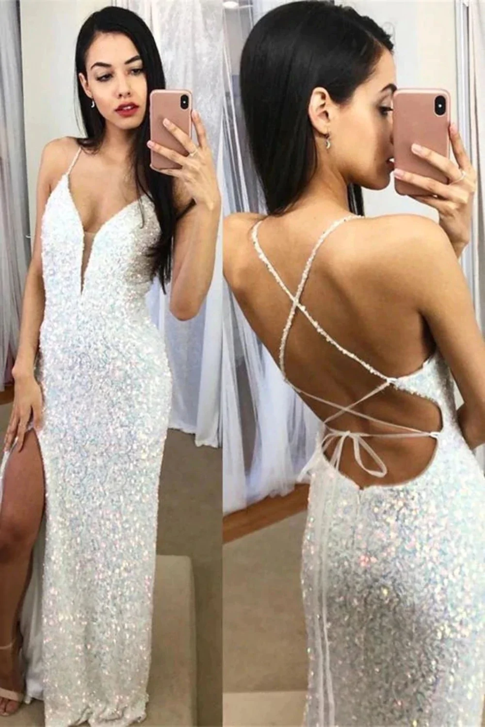 Spaghetti Straps Mermaid Prom Dress, Sparkly Sequins Slit Long Formal Gown