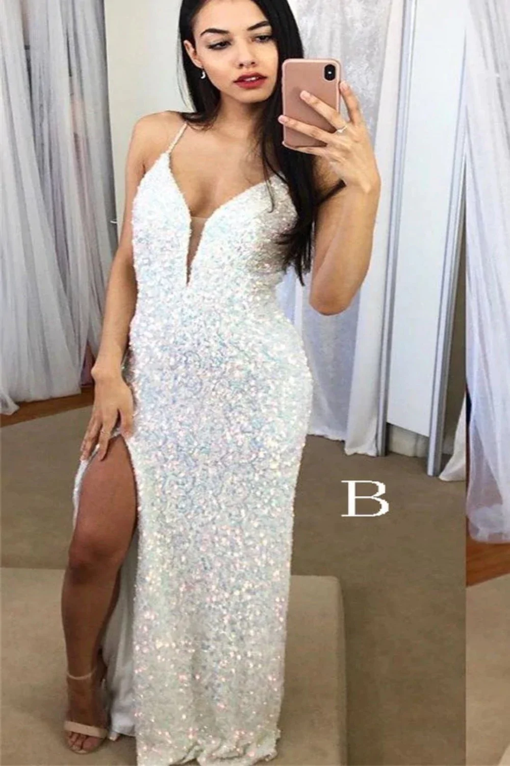 Spaghetti Straps Mermaid Prom Dress, Sparkly Sequins Slit Long Formal Gown