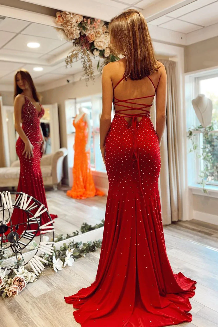 Elegant Red Mermaid Prom Dress with Rhinestone