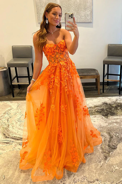 A-line Strapless Orange Lace Appliques Senior Prom Dress