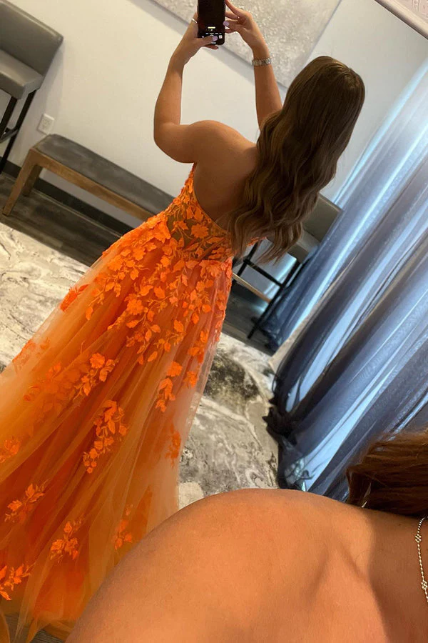 A-line Strapless Orange Lace Appliques Senior Prom Dress