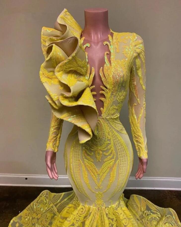 Yellow Robe De Soiree Mermaid Long Sleeves Appliques Sequins Long Prom Dresses Prom Gown Evening Dresses