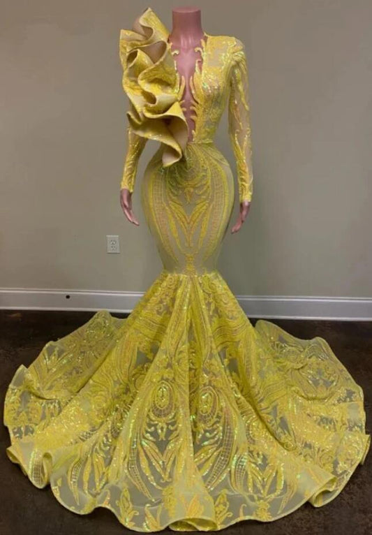 Yellow Robe De Soiree Mermaid Long Sleeves Appliques Sequins Long Prom Dresses Prom Gown Evening Dresses