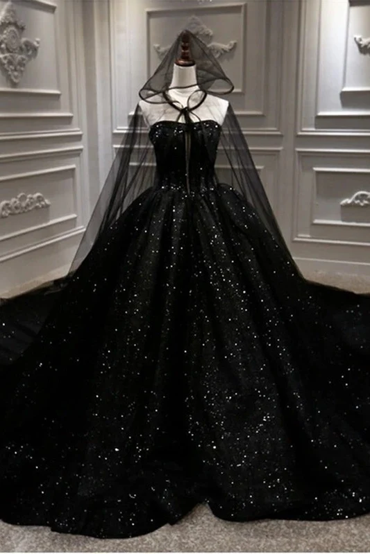 Sequin Shiny Strapless Black Ball Gown Princess Prom Dress
