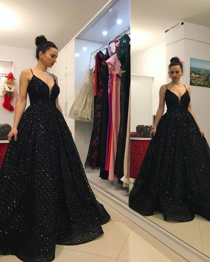 A-line V Neck Black Shiny Prom Dress