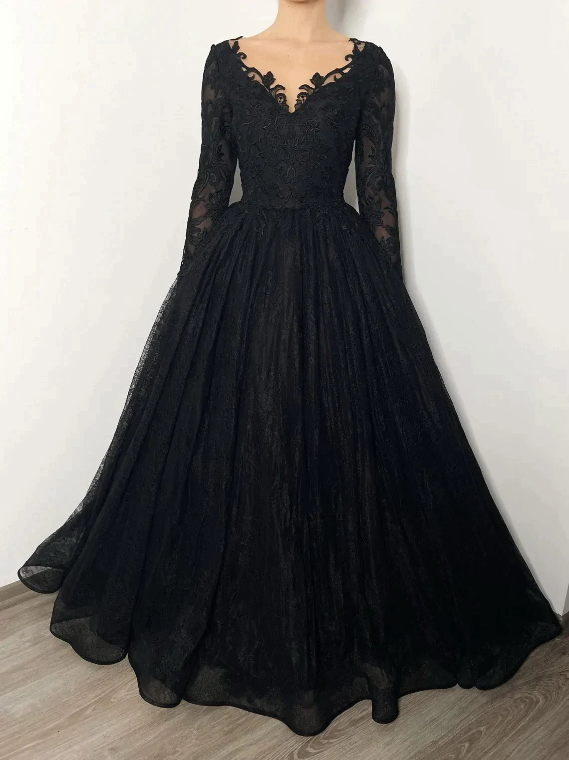 Black gothic romantic wedding lace dress with buttons