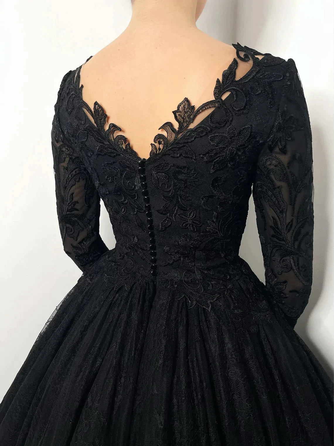 Black gothic romantic wedding lace dress with buttons