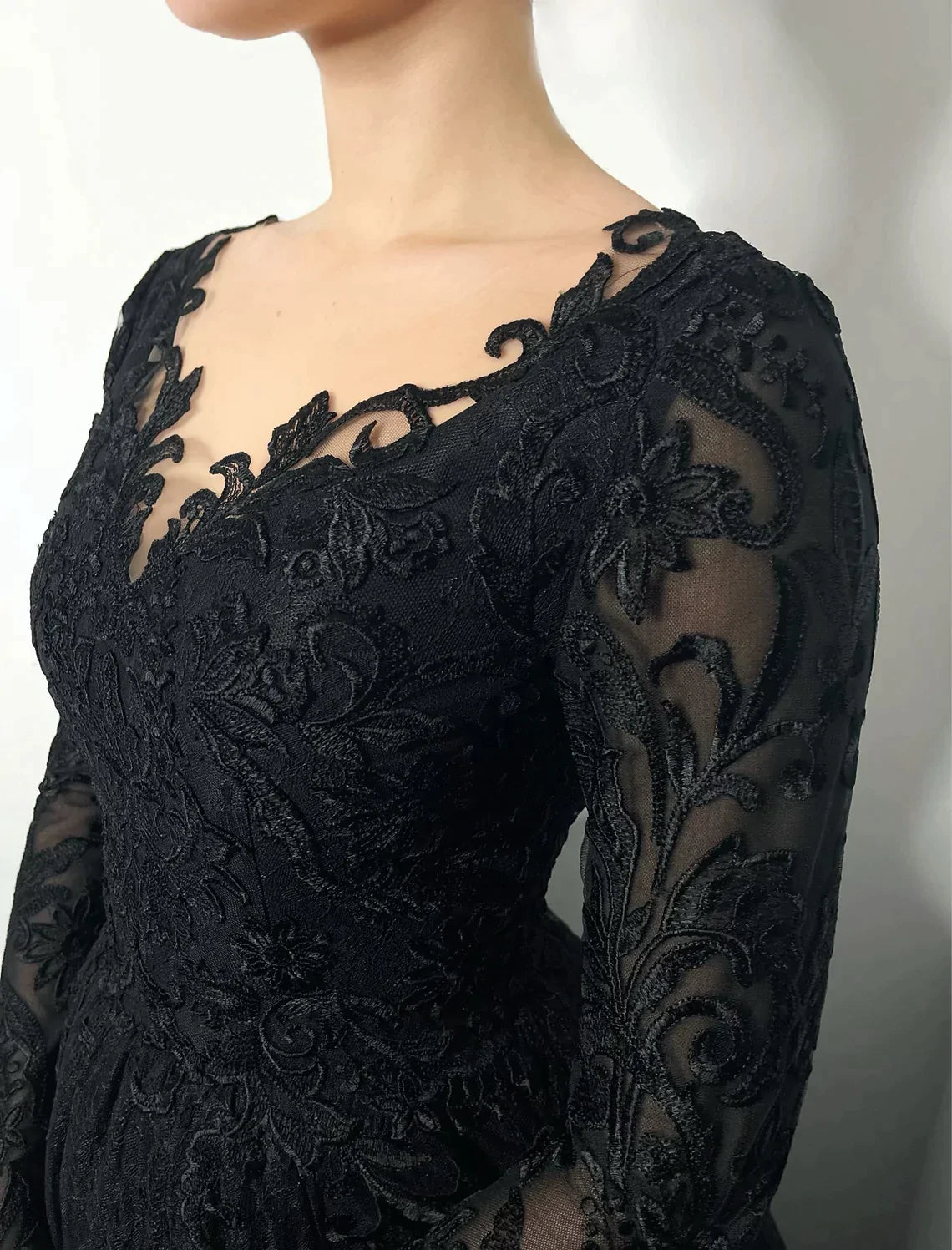 Black gothic romantic wedding lace dress with buttons