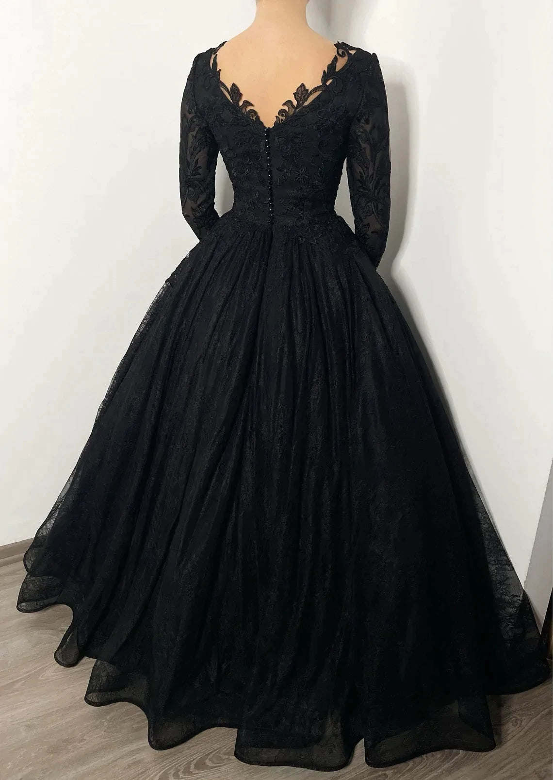 Black gothic romantic wedding lace dress with buttons