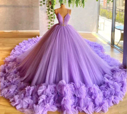 puffy prom dress, purple prom dress, tulle prom dresses, beaded prom dress, pleats evening dress, ball gown quinceanera dress
