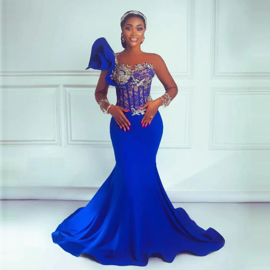 Royal Blue Mermaid Prom Dresses Sheer Neck Lace Beads Illusion Long Sleeves Evening Gowns For African Women Aso Ebi Party Dress