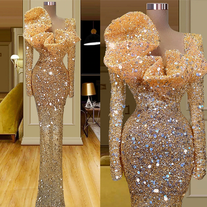 Arabic Mermaid Prom Dresses Sparkly Sequins Long Sleeves Evening Formal Party Second Reception Birthday Engagement Gowns فستان