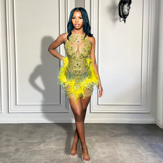 Luxury Sexy Women Birthday Party Gowns Sheer See Through Beaded Feather Yellow Black Girls Short Mini Prom Dresses 2023