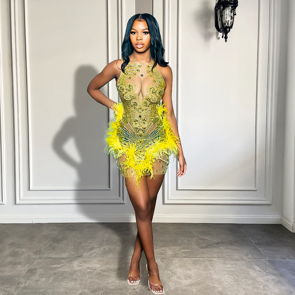 Luxury Sexy Women Birthday Party Gowns Sheer See Through Beaded Feather Yellow Black Girls Short Mini Prom Dresses