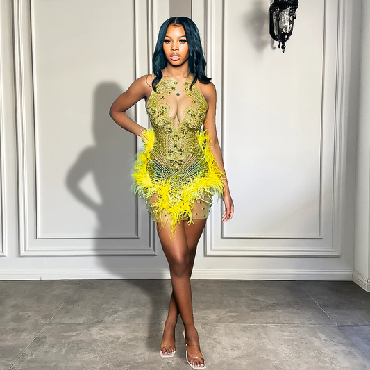 Luxury Sexy Women Birthday Party Gowns Sheer See Through Beaded Feather Yellow Black Girls Short Mini Prom Dresses