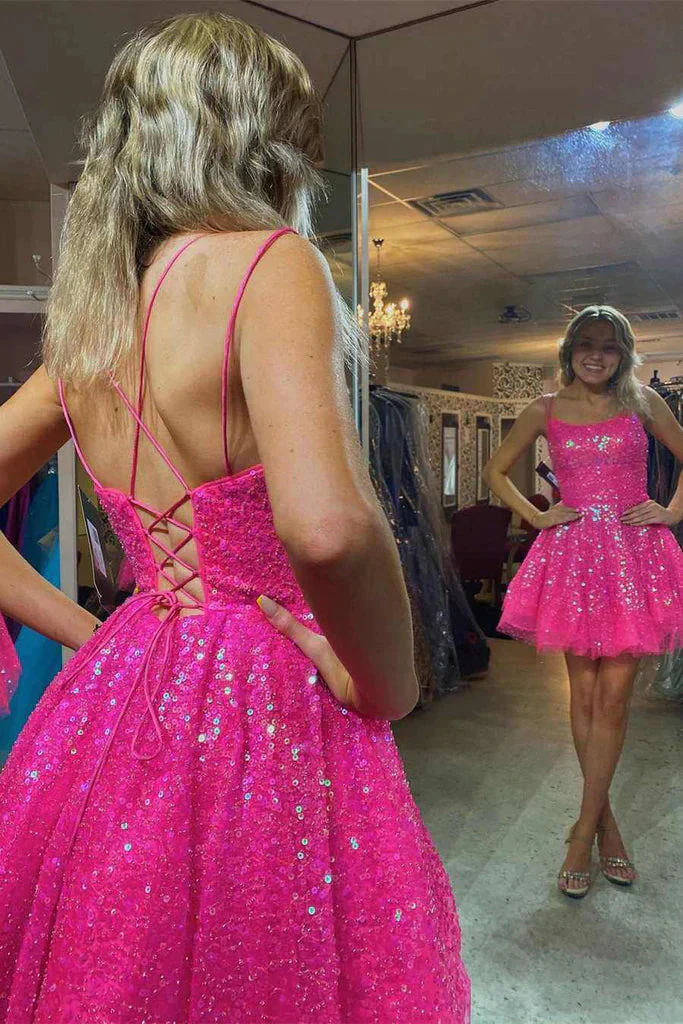 Glitter Straps Hot Pink Short Homecoming Dress