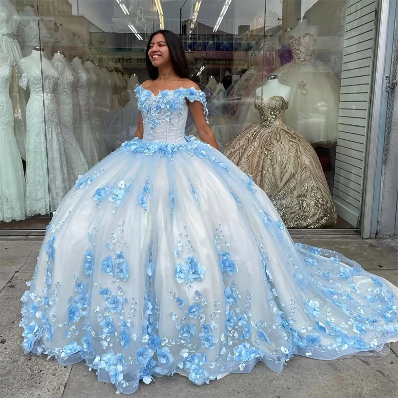 Sky Blue Quinceanera Dresses Princess Dress Sleeves 3D Rose Floral Party Birthday Dress Beaded Long Lace Up Corset Prom Dress 15