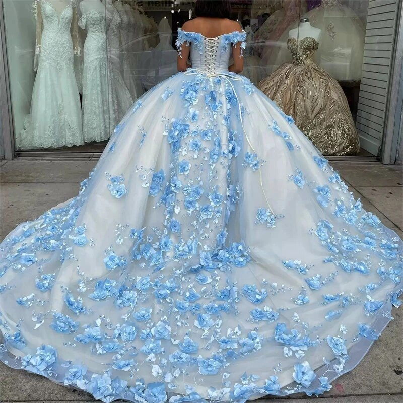 Sky Blue Quinceanera Dresses Princess Dress Sleeves 3D Rose Floral Party Birthday Dress Beaded Long Lace Up Corset Prom Dress 15