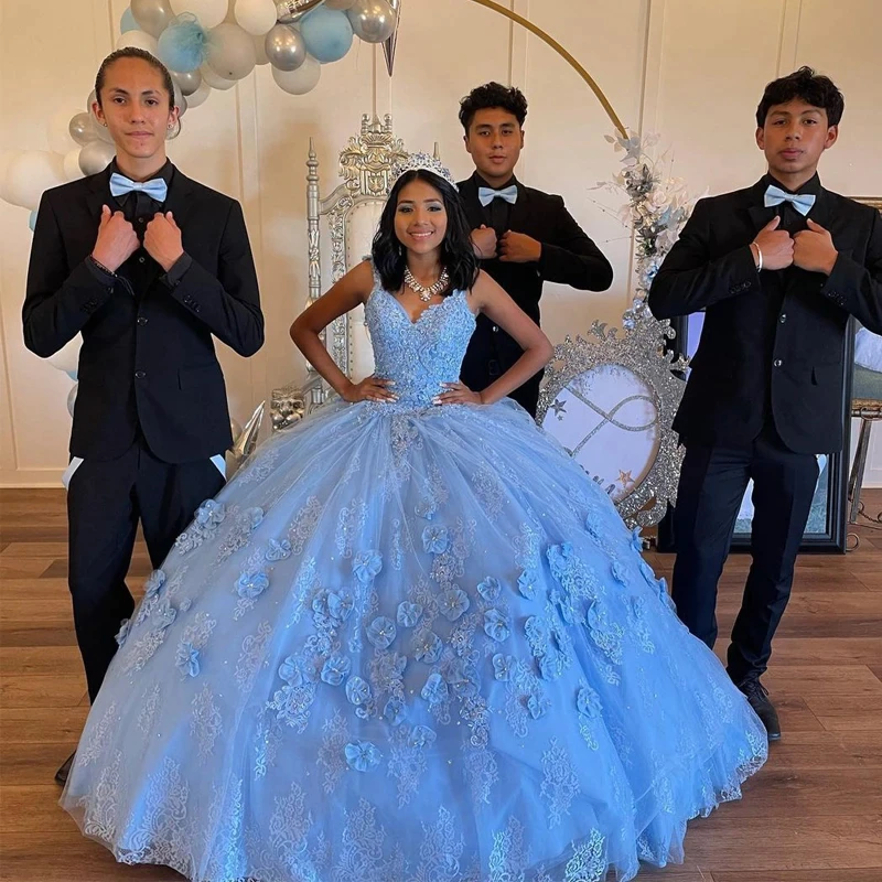 Light Sky Blue Prom Dress Quinceanera Off Shoulder Tulle 3D Floral Formal Cinderella Birthday Luxury Dress 15th Party Dress