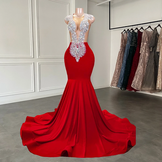 Elegant Sheer Scoop Neckline Luxury Sparkly Silver Handmade Diamond Red Spandex Black Girl Mermaid Long Prom Dresses 2023