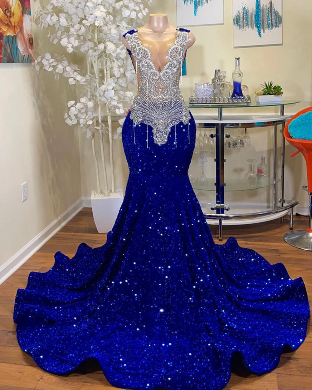 Sexy Mermaid Style Sheer Top Luxury Sparkly Silver Crystals Diamond Black Girls Royal Blue Long Prom Dresses 2023