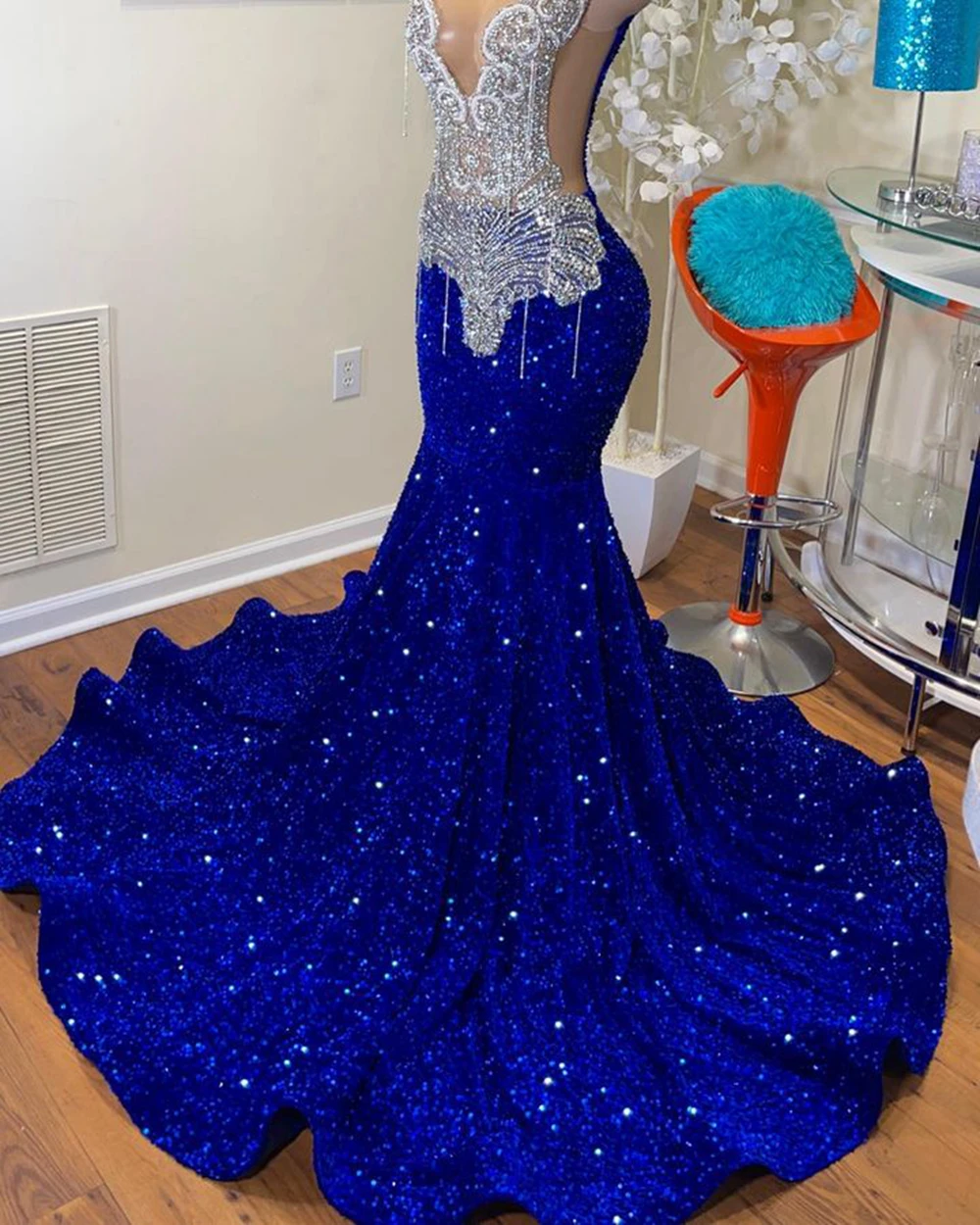 Sexy Mermaid Style Sheer Top Luxury Sparkly Silver Crystals Diamond Black Girls Royal Blue Long Prom Dresses 2023