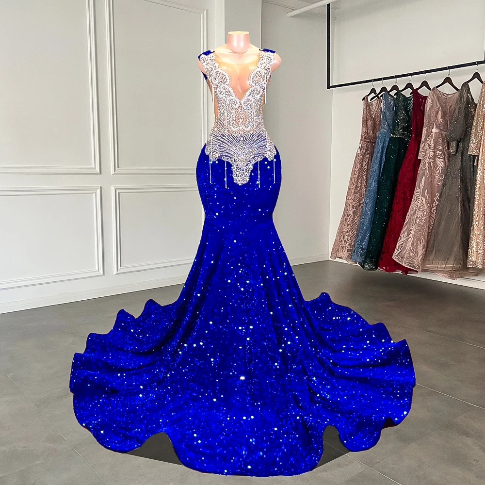 Sexy Mermaid Style Sheer Top Luxury Sparkly Silver Crystals Diamond Black Girls Royal Blue Long Prom Dresses 2023