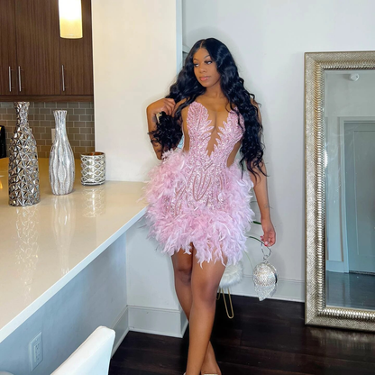 Sexy See Through Luxury Sparkly Pink Beaded Feather Black Girls Short Prom Dresses 2023 For Birthday Party